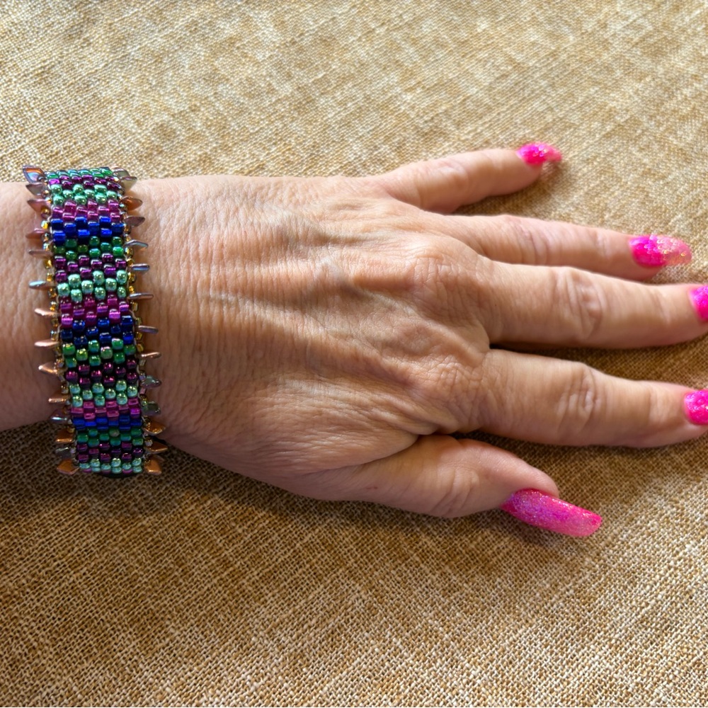 Green and Purple Geometric Beaded Bracelet